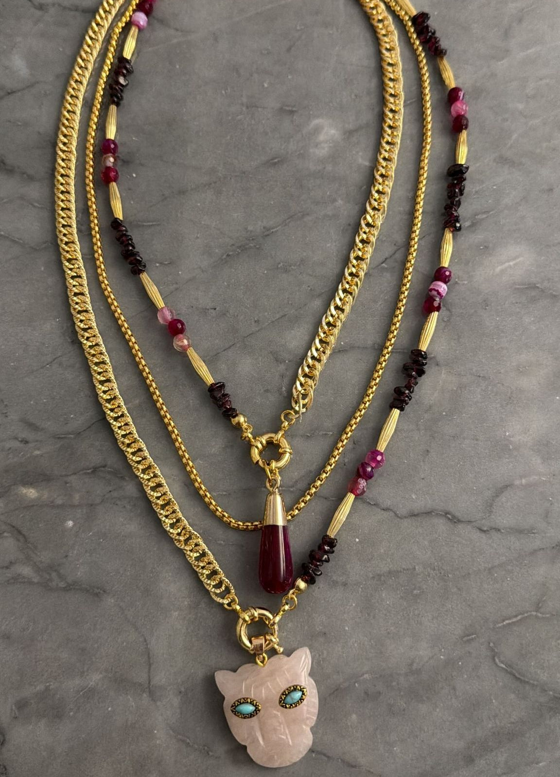 pink stone tiger necklace