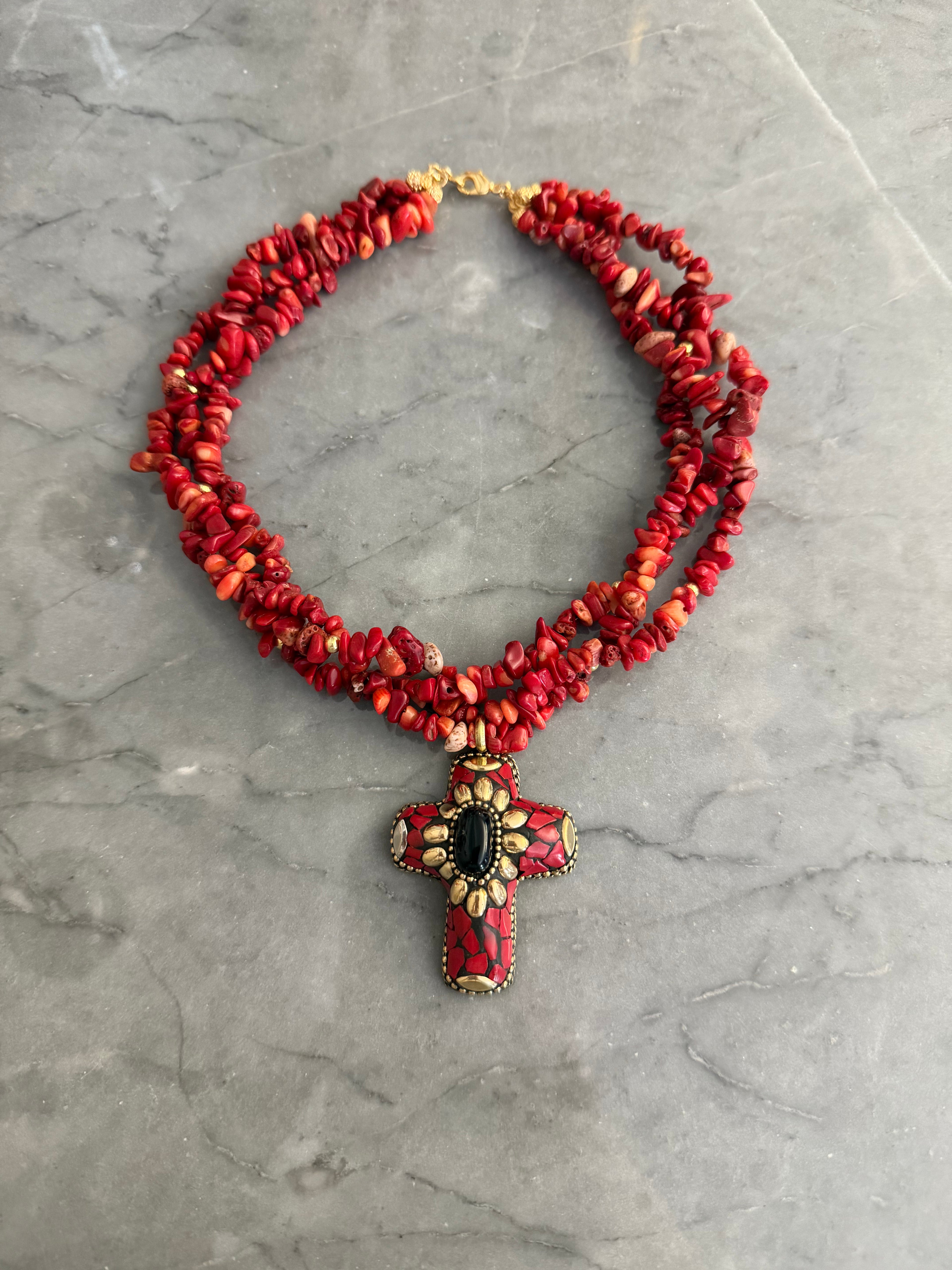 coral red cross choker